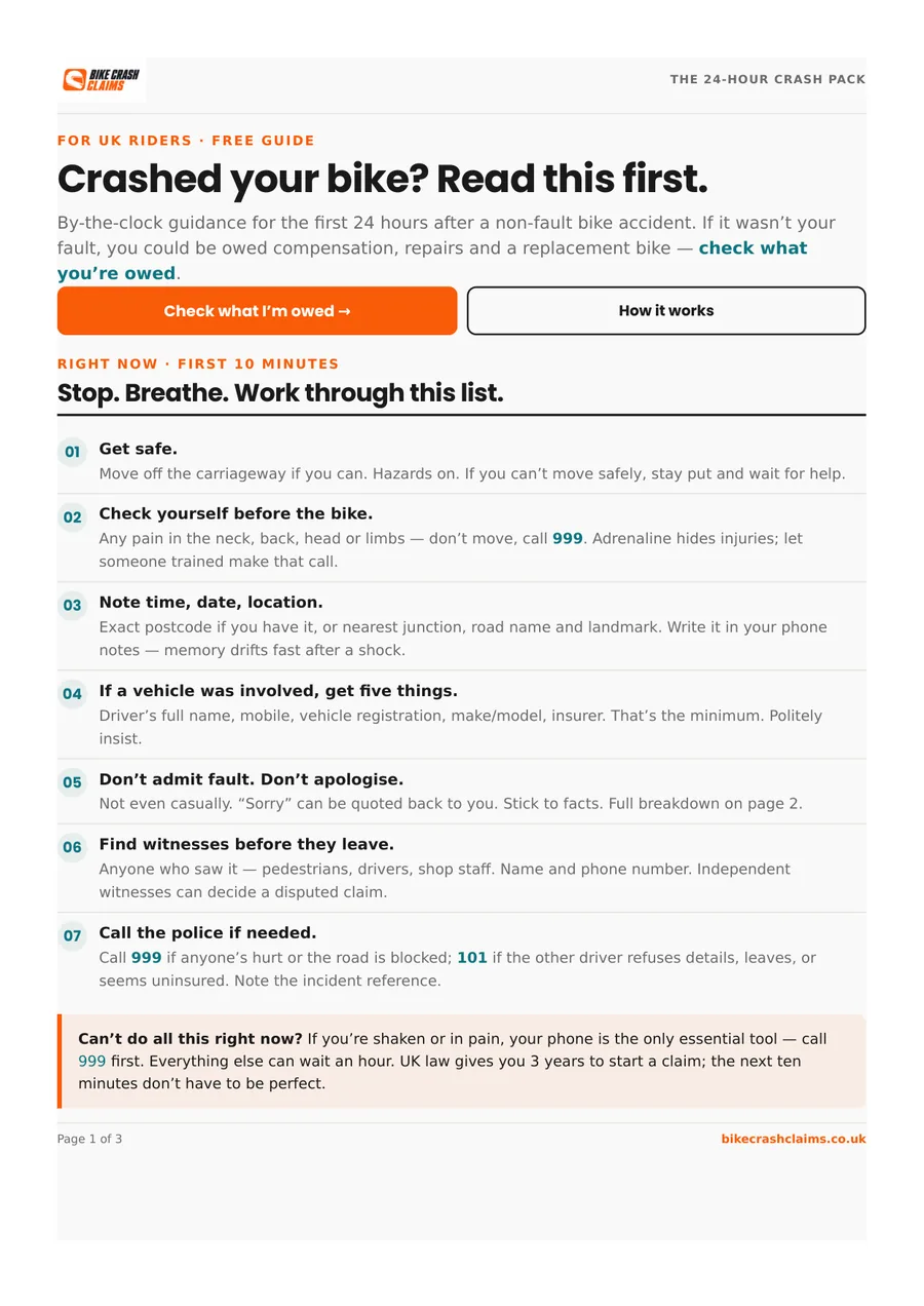 Page one of the Bike Crash Claims Crash Pack, showing the first-10-minutes checklist.