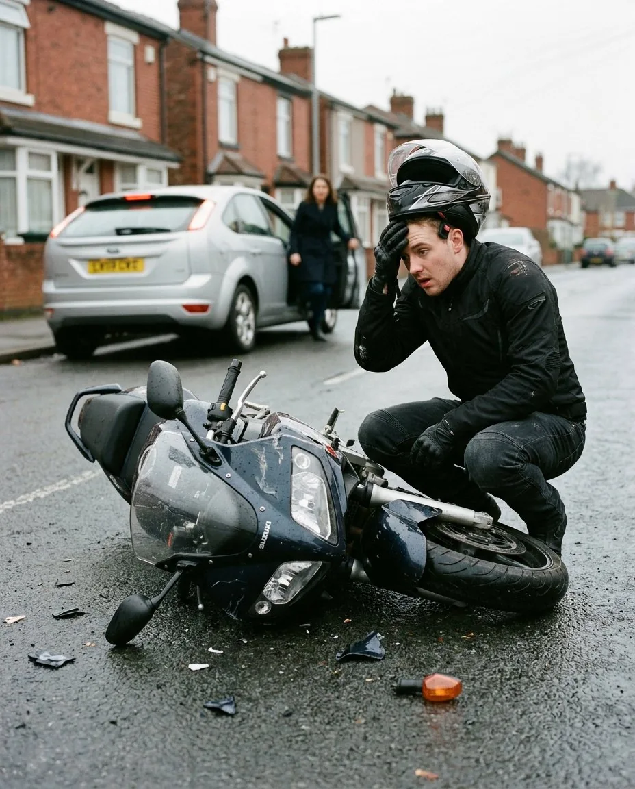 Motorcycle accident aftermath — rider beside their damaged bike at the roadside.