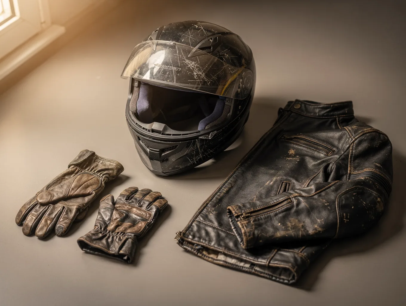 Damaged motorcycle helmet, gloves and jacket
