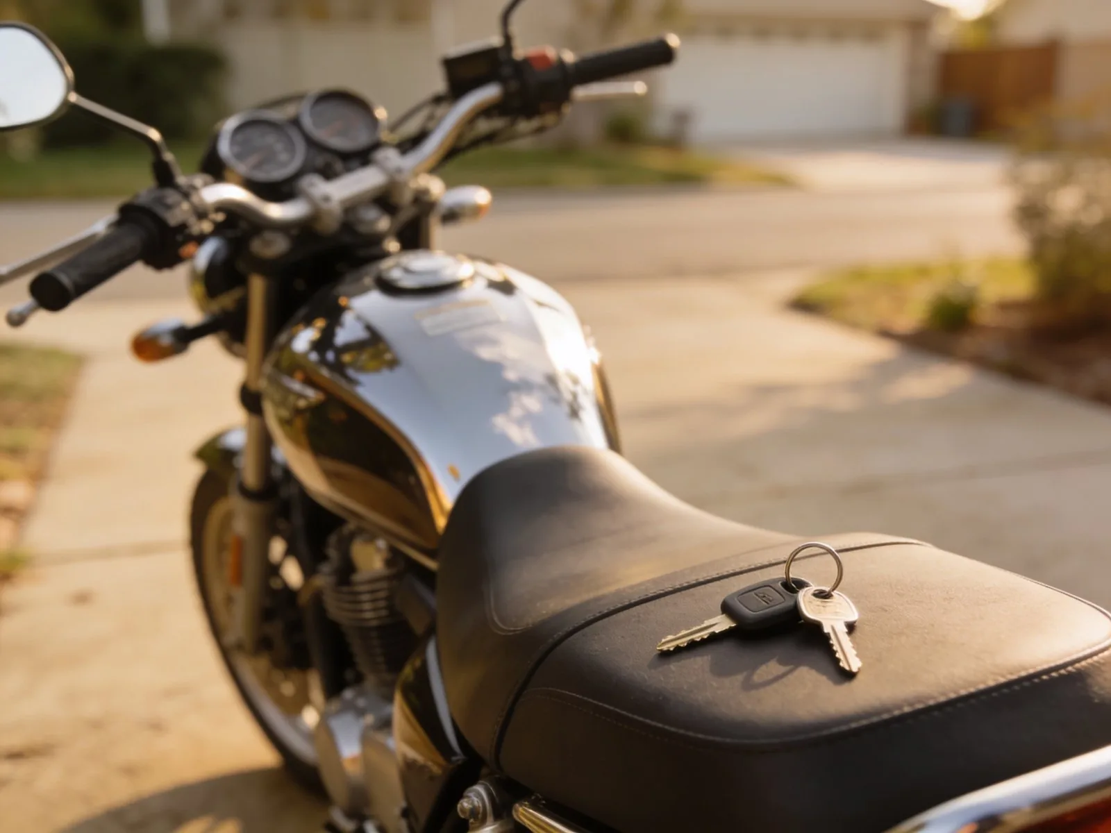 A replacement motorbike with keys, ready to ride